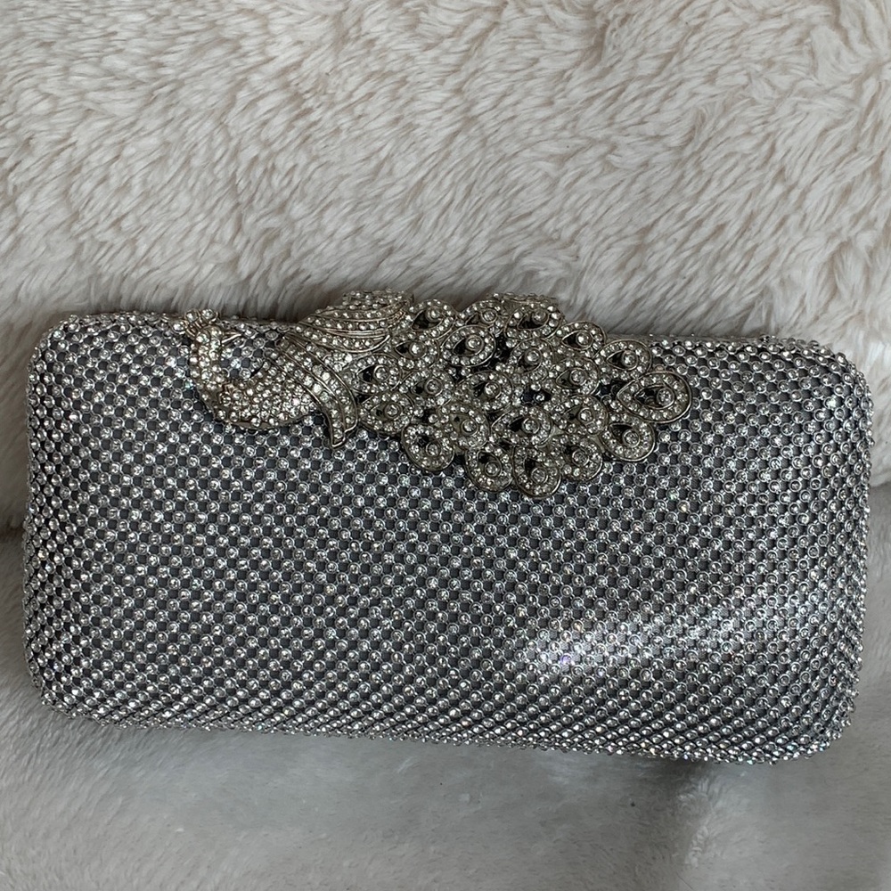 NWT Silver Crystaled Clutch